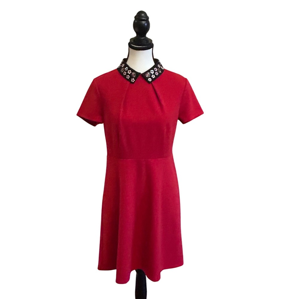 Elle Red Fit‎ & Flare Dress Black Floral Collar Short Sleeve Career Cocktail
